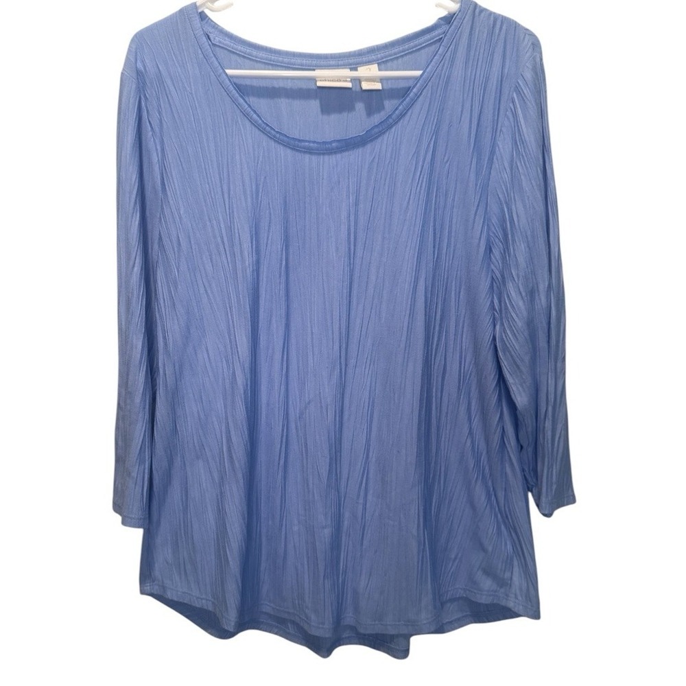 Chicos Blue Scoop Neck Krinkled  3/4 Sleeve Womens  Tunic Top L (2) Casual